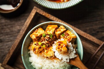 MaPo Tofu,stir-fried tofu in hot sauce,Sichuan cuisine,Chinese food,food photography