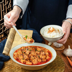 MaPo Tofu,stir-fried tofu in hot sauce,Sichuan cuisine,Chinese food,food photography