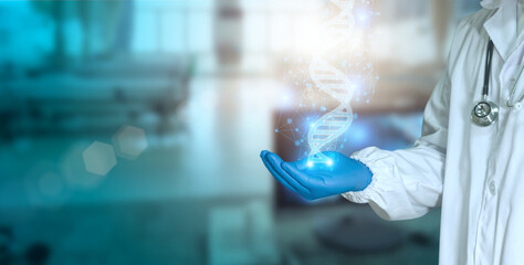 Medicine doctor holding blue helix DNA structure on hologram modern virtual screen interface and...