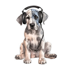 Great Dane dog wearing headphones watercolor clipart
