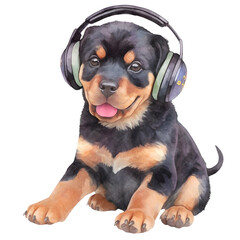 Rottweiler Wearing Headphones watercolor clipart