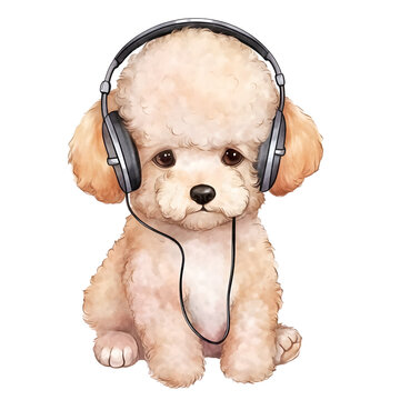 Poodle Wearing Headphones Watercolor Clipart