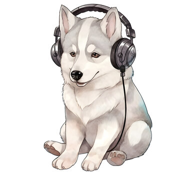 Siberian Husky Wearing Headphones Watercolor Clipart