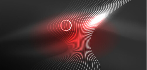 Neon laser lines, circles waves abstract background. Neon light or laser show, electric impulse, power lines, techno quantum energy impulse, magic glowing dynamic lines