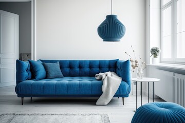 blue couch in a cozy living room with natural light coming from a window. Generative AI