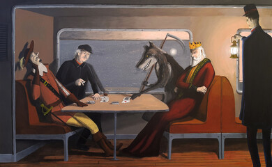 Fototapeta na wymiar A bizarre game of cards takes place between four weird figures on a train. 