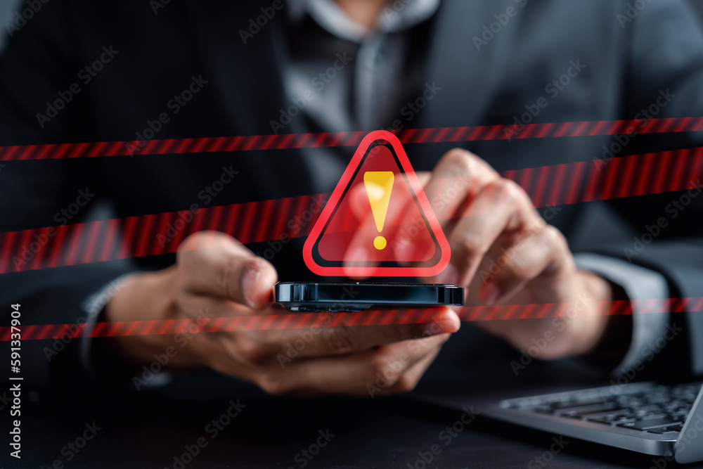 Aufkleber System warning caution sign for notification error and maintenance concept. cyber attack on computer network. Cybersecurity vulnerability, data breach, illegal connection, compromised information.