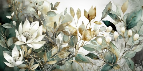Decorative Flower Background, Gold green and white Generative AI