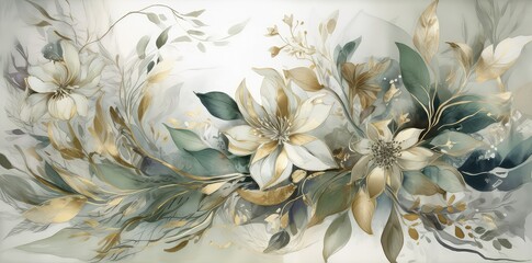 Decorative Flower Background, Gold green and white Generative AI