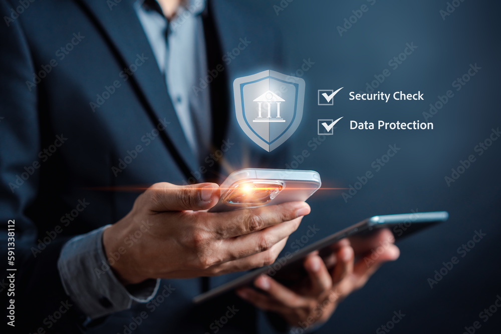 Aufkleber Cybersecurity and privacy and protect data concept. Shield icon and internet network security technology. Businessman protecting personal data on smartphone, virtual screen interfaces. Cybersecurity.