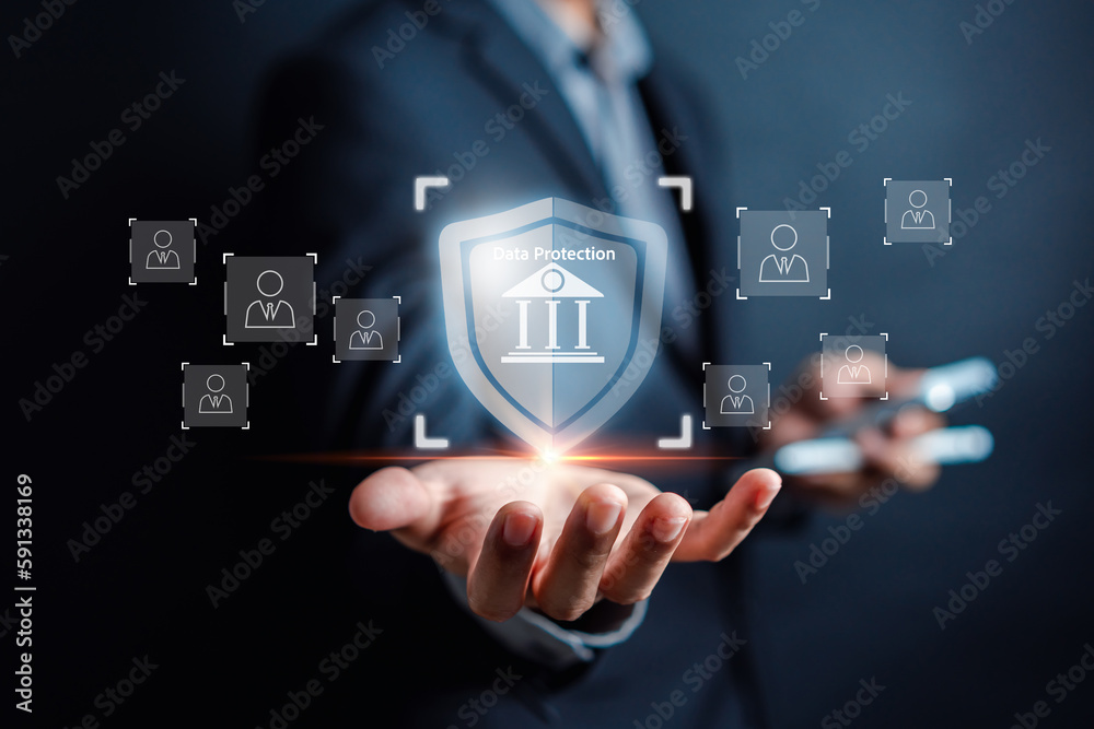 Poster Cybersecurity and privacy and protect data concept. Shield icon and internet network security technology. Businessman protecting personal data on smartphone, virtual screen interfaces. Cybersecurity.