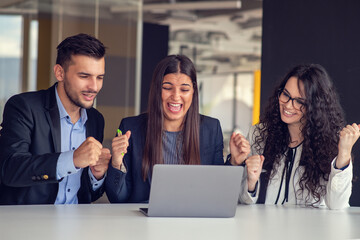 Business team collaborating on project together, using laptops. Business colleagues in casual working together in contemporary office space.