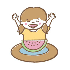 スイカに喜ぶ女の子の手描きイラスト