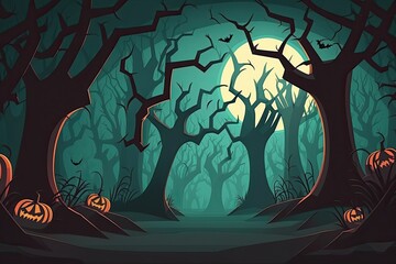 spooky Halloween night with creepy trees and glowing pumpkins. Generative AI