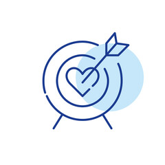 Arrow hitting heart bulls eye. Romantic attraction love relationship. Pixel perfect, editable stroke line icon