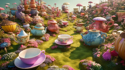 Giant tea party: a Wonderland landscape that features a giant tea party, with oversized teapots, teacups, and plates. The landscape can be filled with whimsical elements such as talking flowers - obrazy, fototapety, plakaty