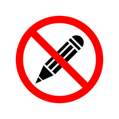 Pencil ban icon. Stop or ban red round sign with pencil icon. Vector illustration. Forbidden sign..eps