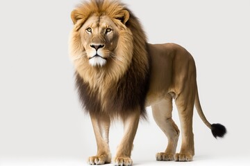 Obraz na płótnie Canvas majestic lion standing on a plain white background. Generative AI