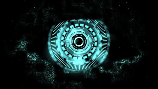 Cyber surveillance animated complex 3D digital eye design within a shimmering digital code-inspired eye shape, in a 3D digital space in teal color scheme on a dark background