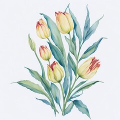 Obraz premium clipart of beautiful yellow tulip flowers with leaves in watercolor artstyle. Generative AI