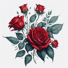 clipart of beautiful dark red roses flowers with leaves in watercolor artstyle. Generative AI