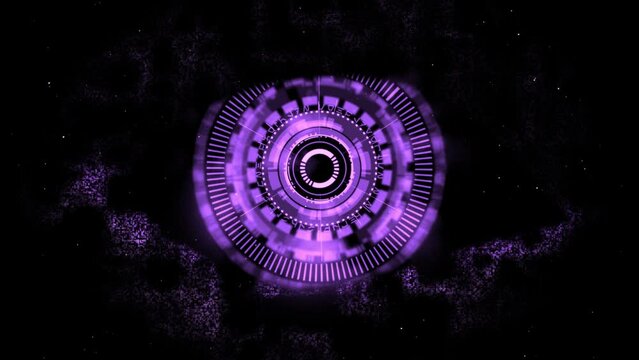 Cyber surveillance animated complex 3D digital eye design within a shimmering digital code-inspired eye shape, in a 3D digital space in magenta color scheme on a dark background