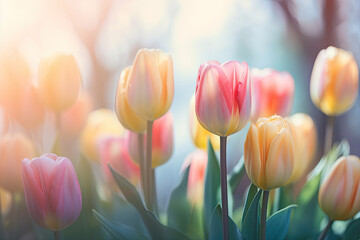 pastel-coloured tulips on a light blurred bokeh background, generative AI
