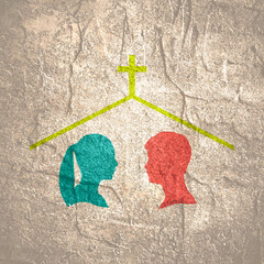 Church family, community worship unity symbol. Man and woman under roof with cross