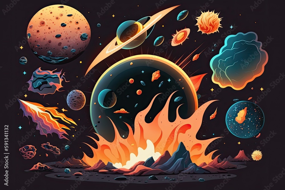 Wall mural fiery planetary system with stars in the background. generative ai