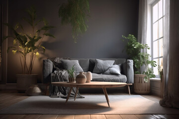 modern living room interior with sofa and potted plant, Generative AI	