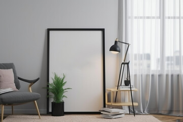 Blank picture frame mockup in modern living room with minimalistic decor, Generative AI	
