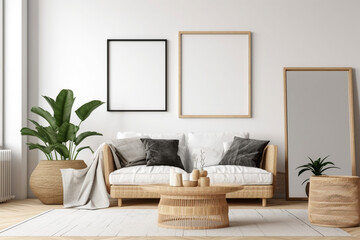 white wall in modern style living room blank picture frame mockup, Generative AI	