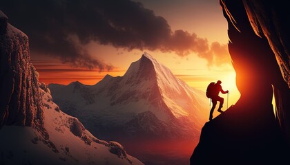climber on sunset, digital art illustration, Generative AI
