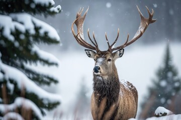 majestic deer standing in a winter wonderland. Generative AI
