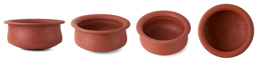 set of empty clay pots isolated, earthenware containers used to store, cook food and decorative purposes in different angles