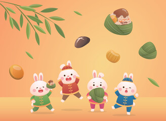 Yellow Dragon Boat Festival greeting card design, playful rabbit mascot and glutinous rice food dumplings, happy to celebrate the holiday