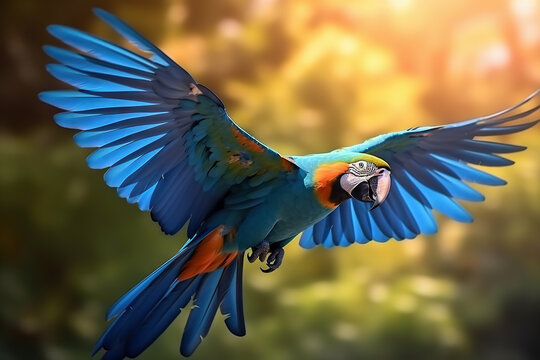 blue and beautiful macaw flying.
