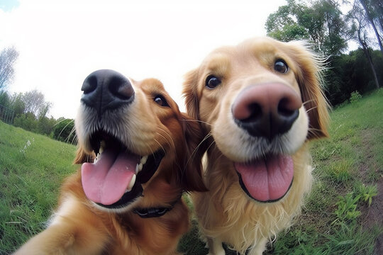 cute and beautiful dogs taking selfie.