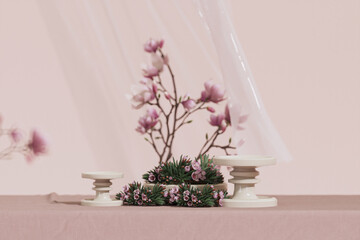 Fototapeta premium 3D background, pink podium display. Sakura pink flower falling. Cosmetic or beauty product promotion step floral, pastel pedestal. Abstract minimal advertise. 3D render copy space spring mockup.