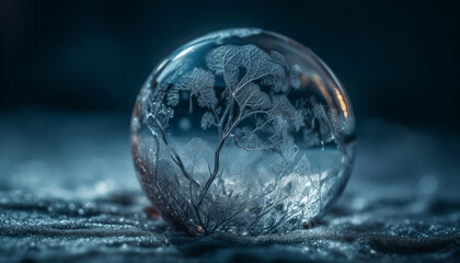 Transparent glass sphere reflects glowing blue world map generated by AI