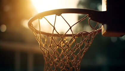 Fototapeta na wymiar Basketball ball thrown through metal hoop at sunset generated by AI