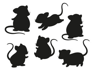 Mouse silhouette set. Collection of rodent shadows. Aesthetics and elegance. Minimalist creativity and art. Wild life and biology. Cartoon flat vector illustrations isolated on white background