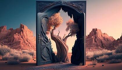 door with surreal landscape, digital art illustration, Generative AI