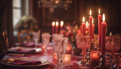 Glowing candle illuminates elegant table for celebration generated by AI
