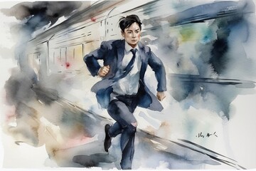 지하철에서 전속력으로 달리는 정장 차림의 회사원. 인공지능 생성