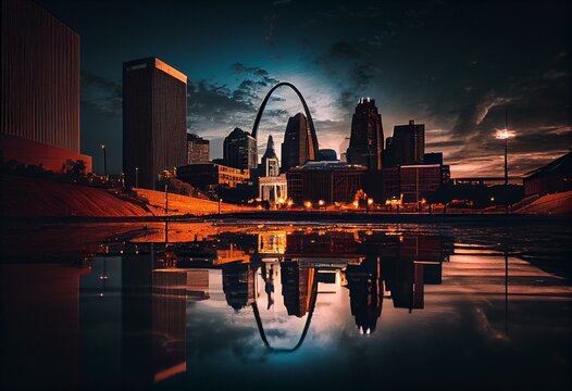 St. Louis, Missouri, USA downtown cityscape on the river. Generative AI