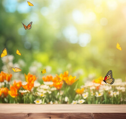 Fototapeta na wymiar Spring Floral composition, banner, background. Colorful flowers, wooden table top, butterfly, blurred garden background - Generative AI