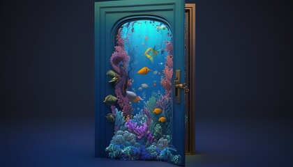 door with underwater scene, digital art illustration, Generative AI