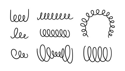 Hand drawn spiral springs set. Doodle flexible coils, wire spring symbols. Metal coil spiral icons. Vector illustration isolated on white background.