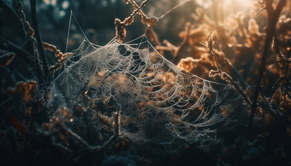 Dew drop on spider web in spooky forest generated by AI